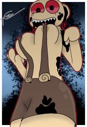anthro breasts corruption dandy's_world dinosaur dinosaur_girl fossil goo nipple_bulge nipples no_humans no_shirt object_head posted_by_artist red_eyes sharp_teeth shelly_(dandy's_world) suspenders tagme tcross twisted_shelly_(dandy's_world)