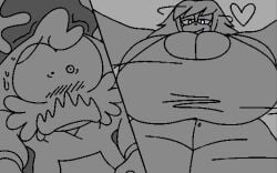 1boy 1boy1girl 1girls 2023 2d 2d_(artwork) 2d_artwork bigger_female blush caitlyn_(gremlingrounded) cat_girl cat_humanoid catgirl cleavage clothed clothing feline grem_(gremlingrounded) gremlingrounded greyscale heart hearts_around_head imminent_sex long_hair looking_at_another looking_down monochrome original pants purple_eyes sequence shocked smaller_male smile tank_top thick_thighs tuft wide_eyed wide_hips