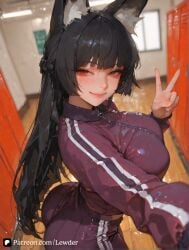 1girls ai_generated animal_ears ass ass_focus black_hair blush breasts closed_mouth female female_on_cloth female_only fluid fox_ears fox_girl from_behind hime_cut hoshimi_miyabi huge_butt indoors large_butt lewder long_hair looking_at_viewer pussy pussy_juice red_eyes seductive solo standing sweat thighs tight_clothes wet wet_body zenless_zone_zero