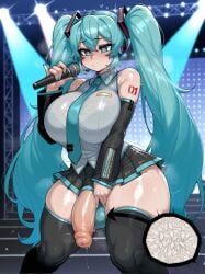 1futa ai_assisted ai_generated altra_x aqua_eyes aqua_hair balls balls_x-ray bra bra_visible_through_clothes breasts cock detached_sleeves erection futanari hatsune_miku heart-shaped_pupils huge_balls huge_cock large_breasts microphone penis see-through_clothing sleeveless_shirt solo sperm_cell stage steaming_body sweat sweaty sweaty_body testicles twintails virile wide_hips x-ray