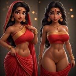 3d abs ai_generated bangle bare_shoulders big_breasts black_hair brown_eyes dark-skinned_female earrings exposed_pussy forehead_jewel gold_jewelry hairless_pussy hourglass_figure indian indian_clothes indian_female jewelry long_hair looking_at_viewer navel necklace red_clothing red_lipstick saree sari slim_waist smile thick_thighs undressing