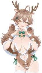 adolescent baby_face breasts brown_eyes brown_hair christmas_outfit cute_face eyebrows_visible_through_hair eyelashes_visible_through_hair heart_hands high_quality high_resolution highres huge_breasts large_breasts looking_at_viewer makeup maria_mikhailovna_kujou mariya_mikhailovna_kujou shiny_body shiny_hair smiling_at_viewer teenage_girl thin_neck thin_waist tokidoki_bosotto_russian_de_dereru_tonari_no_alya-san waifu2x white_background white_skin wide_hips