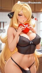 1futa 2026 ai_assisted ai_generated anime artist_name blonde_hair box breasts bust cynthia_(pokemon) explicit futanari gift gift_box hair_ornament hair_over_one_eye hi_res high_quality high_resolution highres indoors kitchen long_hair nintendo patreon patreon_username penis pokemon stable_diffusion tsukoneko valentine valentine's_day valentines_day watermark