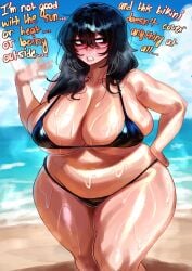 1girls bikini black_hair blush blushing chubby chubby_female dialogue english_text female female_only huge_breasts light-skinned_female light_skin original original_character rena_(renata11033) renata11033 self_insert solo text thick_thighs