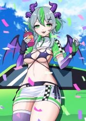 1girls 2/niro absurd_res absurdres belly_button big_breasts bikini bikini_bottom bikini_top breasts car cleavage cloud clouds confetti cowboy_shot cropped_jacket drink earrings elbow_gloves female female_only froot gloves green_eyes green_hair grey_hair hairclip high_resolution highres holding_drink holding_object horn_piercing horns indie_virtual_youtuber jacket legs_together looking_at_viewer medium_breasts midriff miniskirt multicolored_hair navel open_mouth pale-skinned_female pale_skin petite pointy_ears race_car race_queen revealing_clothes short_hair short_sleeves side_boob single_thighhigh skirt sky slim slim_waist smile solo teeth thick_thighs thigh_squish thighhighs thighs tongue two-tone_hair underboob virtual_youtuber vtuber wide_hips wings wolf_cut