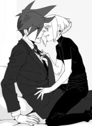 2boys androgynous femboy femboydom galo_thymos gay lio_fotia monochrome on_lap promare size_difference twink yaoi