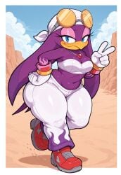 ai_generated athletic_pants avian big_butt blue_eyes canyon cleavage flame_print gold_wrist_rings necklace peace_sign pink_eyeshadow red_gem red_sneakers sega slightly_chubby slightly_chubby_anthro slightly_chubby_female sonic_(series) sonic_the_hedgehog_(series) strapless_top sunglasses swallow_(bird) thick_thighs wave_the_swallow white_bandana white_gloves wide_hips wrist_rings yellow_lens