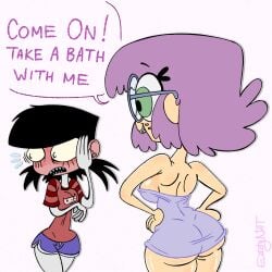 2girls arm_under_breasts artist_name ass blush braces breasts earrings eddy_nat ellie_(eddy_nat) english_text flying_sweatdrops freckles full-face_blush glasses goth goth_(eddy_nat) goth_girl large_breasts looking_away original original_character sharp_teeth sketch speech_bubble standing stud_earrings towel yuri