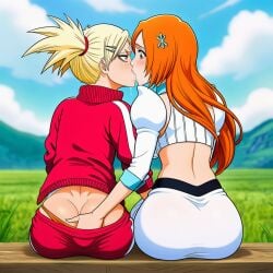 2girls ai_generated ass ass_view back_view big_ass big_butt bleach bleach:_the_thousand-year_blood_war blonde_hair blonde_hair_female blush blush_lines blushing blushing_female butt butt_view clouds deep_kissing female female_only freckles freckles_on_face grass hair_ornament hand_inside_pants hand_on_ass hand_on_butt inoue_orihime kissing lesbian lesbian_kiss lesbians light_skin long_hair long_orange_hair novelai orange_hair orange_hair_female passionate_kiss red_jacket red_pants saliva sarugaki_hiyori sitting sky touching_ass touching_butt twintails white_outfit