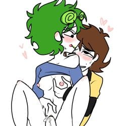 13 13_cards 1boy 1boy1girl 1girls 2020s 2026 black_sleeves blue_shirt blush blushing blushing_ears brown_hair cosplay cosplay_sex fedor fedor_(13_cards) green_glasses green_hair hand_on_breast heart heart_symbol licking_lips lifted_shirt looking_at_another looking_at_partner looking_back looking_back_at_another looking_back_at_partner looking_pleasured looking_up male/female nipples no_shading one_eye_closed penis penis_in_pussy real_person self_insert self_upload small_breasts straight sweat sweatdrop tongue_out toony_face touching_breast vaginal_penetration vaginal_sex waru_(13_cards) white_background white_skin white_skinned_female white_skinned_male yellow_shirt
