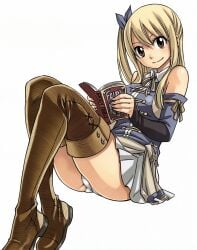 ass bare_shoulders blonde_hair book brown_eyes collared_shirt detached_sleeves edited fairy_tail hairbow large_breasts long_hair lucy_heartfilia mashima_hiro official_art one_side_up panty_peek pantyshot pleated_skirt reading_book sitting smile thigh_boots upscaled white_panties white_skirt