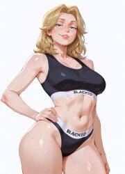 1girls ai_generated blacked_clothing blonde_hair blue_eyes fit fit_female hand_on_hip hips invisible_woman invisible_woman_(marvel_rivals) looking_at_viewer marvel marvel_comics marvel_rivals pinup shiny_skin smile sports_bra sue_storm underwear wet wet_skin white_background
