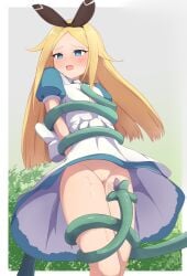 absurdres alice's_adventures_in_wonderland alice_(alice_in_wonderland) amazatou arms_behind_back black_bow blonde_hair blue_dress blue_eyes blush border bound bound_legs bound_torso bow cowboy_shot dress embarrassed female forehead hair_flaps hairbow highres imminent_penetration imminent_vaginal long_hair looking_to_the_side open_mouth pussy restrained sidelocks solo tentacle upskirt white_border