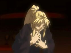 00s 1futa 2006 animated anime_screenshot bible_black bible_black_only blonde_hair bouncing_breasts breasts closed_eyes cum futa_sans_balls futanari high_ponytail large_breasts large_penis long_hair neck_grab nipples no_testicles penis penis_growth ponytail precum ritual robe saeki_kaori solo tagme