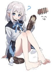 ? ^_^ absurdres after_ejaculation ass bar_censor bare_legs barefoot black_overskirt blue_eyes blue_ribbon blue_skirt blush braid brown_shoes censored closed_eyes commentary_request cum cum_on_body cum_on_clothes cum_on_hair disembodied_penis facial female gakuen_idolmaster grey_hair hair_ribbon half_up_braid hatsuboshi_gakuen_school_uniform highres holding holding_shoes holding_unworn_clothes idolmaster jacket katsuragi_lilja knees_up loafers mcwanderer neck_ribbon penis ribbon ribbon_braid school_uniform shirt shoes short_hair simple_background sitting skirt socks toes unworn_shoes white_background white_jacket white_shirt white_socks