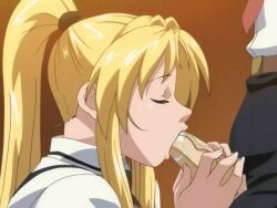 1boy 1girls 2006 animated anime_screenshot bible_black bible_black_only blonde_hair bow bowtie classroom closed_eyes fellatio female high_ponytail long_hair oral penis penis_grab ponytail saeki_kaori school school_uniform tagme veins veiny_penis