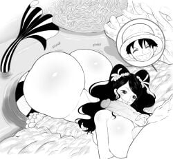 ass big_ass big_breasts big_penis black_hair breasts busty enormous_ass fat_ass female grabbing_penis huge_ass huge_breasts ishilly large_penis line_art luffy male male/female monkey_d_luffy one_piece scar scar_on_chest siren sketch smile straw_hat thanuki thanukiart veiny_penis
