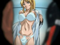 00s 1girls 2005 animated anime_screenshot bible_black bible_black_only blonde_hair bra breasts changing changing_room curvy female high_ponytail large_breasts long_hair open_clothes open_shirt panties peephole peeping ponytail purple_eyes saeki_kaori school school_uniform shirt smile spying tagme underwear undressing voyeur_pov white_panties white_shirt