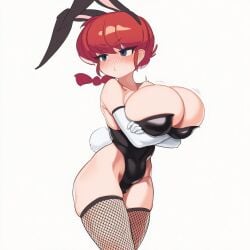 1girls arms_under_breasts black_clothing blush bunny_ears bunnysuit bursting_breasts canon_genderswap cleavage fishnet_legwear fishnets genderswap_(mtf) huge_breasts impossible_clothes kimmythefem looking_away ranma-chan ranma_1/2 ranma_saotome solo thick_thighs tsundere white_gloves wide_hips