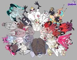 absurd_res angel anthro anus areola ass big_butt blush-panda breasts canid canid_demon canine carmilla_carmine character_request charlie_morningstar cherri_bomb_(hazbin_hotel) cherub clara_(hazbin_hotel) daughter_(lore) demon demon_humanoid emberlynn_pinkle emily_(hazbin_hotel) eyelashes feathered_wings feathers feet female female_only genitals glam_(helluva_boss) glitz_(helluva_boss) grey_background group hazbin_hotel hellaverse hellhound helluva_boss hi_res horn horned_humanoid humanoid imp katie_killjoy keenie_(helluva_boss) lilith_magne_(hazbin_hotel) lin_(helluva_boss) looking_at_viewer loona_(helluva_boss) lute_(hazbin_hotel) mammal martha_(helluva_boss) millie_(helluva_boss) mimzy_(hazbin_hotel) mother_(lore) mother_and_child_(lore) mother_and_daughter_(lore) mrs.mayhem mythological_canine mythological_creature mythology niffty_(hazbin_hotel) nipples nude octavia_(helluva_boss) odette_(hazbin_hotel) owl_demon parent_(lore) parent_and_child_(lore) parent_and_daughter_(lore) queen_bee-lzebub_(helluva_boss) rosie_(hazbin_hotel) sallie_may_(helluva_boss) sera_(hazbin_hotel) seraph_(angel) sibling_(lore) simple_background sister_(lore) sisters_(lore) small_breasts stella_(helluva_boss) tail tailed_humanoid thick_thighs vaggie_(hazbin_hotel) velvette velvette_(hazbin_hotel) verosika_mayday vulva wide_hips winged_humanoid wings