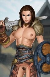 armor assless_pants athletic athletic_female bare_ass bare_breasts belt blue_eyes bottomless bottomless_female breastless_clothes breastless_clothing breasts breasts_out brown_hair bush casual_exposure crotchless crotchless_clothes crotchless_clothing erotic_costume erotic_earth exposed_ass exposed_breasts exposed_nipples exposed_pussy exposed_torso female fingerless_gloves fit fit_female functionally_nude functionally_nude_female gloves hairy_pussy lydia medium_breasts mostly_nude muscular_female naked navel nesoun nipples nude nude_female open_clothes open_skirt pendant perky_breasts pubes pubic_hair shameless shield short_hair skyrim slit solo standing sword the_elder_scrolls thick_pubes topless topless_female unconvincing_armor vulva weapon