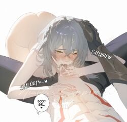 1boy abs ass black_pants body_markings breasts chest_tattoo clothed_male_nude_female commission completely_nude cum cum_on_body cum_on_hair english_text facial fellatio female gauntlets grey_hair hand_on_another's_head highres honkai:_star_rail honkai_(series) mydei_(honkai:_star_rail) niahti nipples nude oral pants penis speech_bubble stelle_(honkai:_star_rail) tattoo topless_male trailblazer_(honkai:_star_rail) yellow_eyes