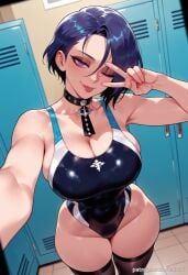 ai_generated balecxi blue_hair cleavage competition_swimsuit covered_navel female fire_emblem fire_emblem:_three_houses large_breasts locker locker_room looking_at_viewer nintendo one-piece_swimsuit one_eye_closed purple_eyes shamir_nevrand short_hair solo swimsuit thighhighs thighs tongue tongue_out v v_over_eye