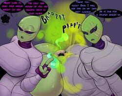 2d 3girls alien alien_girl ass ass_in_face between_butts big_ass big_breasts big_butt_(female) blossonflower breasts clothing dumptruck_ass english_text face_in_ass facefart fart fart_fetish farting farting_in_face farting_in_mouth farting_on_another farting_on_face farting_on_female fat_ass female_farting female_only femdom freckles freckles_on_ass freckles_on_face green_body huge_ass may_(blossonflower) no_genitals no_sex nonhuman onomatopoeia sandwiched scar simple_background size_difference speech_bubble swallowing_fart tagme talking talking_to_another text twitter_link wide_hips zina_(blossonflower)