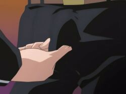 00s 1boy 1girls 2006 animated anime_screenshot belt bible_black bible_black_only black_pants bulge classroom erection erection_under_clothes female handjob masturbation masturbation_through_clothes pants saeki_kaori school school_uniform tagme