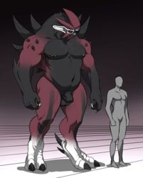 aboh balls big_muscles daggerjaw duo flaccid horn male male_only monster musclegut muscles navel penis piercing size_difference standing