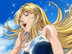 00s 1girls 2005 animated anime_screenshot ass bible_black bible_black_only blonde_hair blue_sky breasts closed_eyes curvy female fence highleg highleg_one-piece_swimsuit large_breasts long_hair one-piece_swimsuit outdoors poses saeki_kaori school_swimsuit shiny_skin sky smile swim_cap swimsuit tagme two-tone_swimsuit water_drop wet wet_clothes wet_hair wet_swimsuit