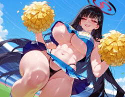 1girl 1girls abs ai_generated alternate_costume areola_slip balecxi bangs black_clothes black_hair black_panties blue_archive blue_skirt blue_sky blush breasts bright_pupils cheerleader clothes_lift clothing cloud crop_top curvaceous curvaceous_female curvaceous_figure curvy curvy_figure day female female_focus from_below grin hair_ornament hairclip halo highleg highleg_panties holding holding_pom_poms inviting inviting_to_sex large_breasts long_hair looking_at_viewer midriff miniskirt navel nipple_slip nipples no_bra outdoors panties pantsu pleated_skirt pom_pom_(cheerleading) presenting presenting_ass presenting_breasts presenting_hindquarters presenting_pussy presenting_self red_eyes rio_(blue_archive) seductive seductive_look seductive_smile skirt sky smile solo stomach thighs tsukatsuki_rio underboob underwear very_long_hair voluptuous voluptuous_female white_pupils