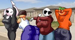 4girls :3 amy_(chetoh) arms_behind_head ass bald bald_female beanie beanie_hat big_ass black_eyes black_pants black_shirt breasts chetoh chubby chubby_female claire_(chetoh) clothed clothed_female egg english_text female female_focus female_only hoodie jeans leaf leaf_hair leg_lift leg_raise leg_up looking_at_viewer mandy_(chetoh) oc orange orange_body orange_hoodie original original_character original_characters pants photo_background potato rear_view red_hoodie shirt smile smiling smiling_at_viewer starchy_(chetoh) stretching tan_body text_on_clothing white_body white_shirt white_text wink winking winking_at_viewer