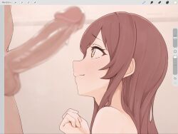 1boy art_program_in_frame blur_censor blush brown_eyes brown_hair censored closed_mouth completely_nude erection female highres idolmaster idolmaster_shiny_colors long_hair looking_at_penis misekai_555 nose_blush nude osaki_amana penis sparkling_eyes straight testicles