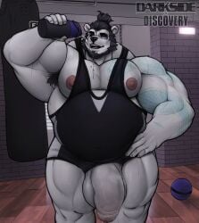 1boy 2022 absurd_res after_exercise anthro armpit_hair balls barazoku beard belly biceps big_balls big_muscles big_penis bodily_fluids body_hair bottle clothed clothing clothing_aside darksideofdiscovery drinking eyebrows facial_hair flaccid foreskin front_view fur genitals giant_panda gym hair hair_bun hi_res holding_bottle holding_object huge_balls huge_cock huge_muscles humanoid_genitalia humanoid_penis inside looking_at_viewer male male_only mammal musclegut muscular muscular_anthro muscular_male nails nipples one_eye_closed open_mouth pecs penis pouring pouring_onto_self punching_bag quads richard_(pandad) solo solo_male standing sweat tattoo teeth thick_penis thick_thighs tongue tuft ursid water water_bottle watermark wrestling_singlet