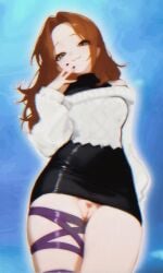 :3 black_dress brown_hair chromatic_aberration edited_art green_eyes knitted_sweater long_hair low-angle_view melonprime parted_bangs pubic_hair pussy self_upload smug smug_face speech_bubble teasing tight_clothing tight_dress tight_fit underwater upskirt vtuber vtuberfanart white_sweater zavalr