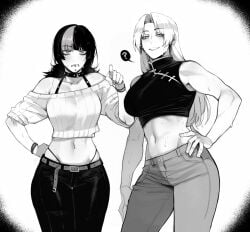 2girls bangs belly belly_button big_breasts breast_size_difference curvy_female female female_focus female_only hand_on_hip hoshi_kirara jujutsu_kaisen lip_piercing long_hair masoq095 midriff pants pointing_at_viewer rule_63 short_shirt small_breasts tummy yuki_tsukumo
