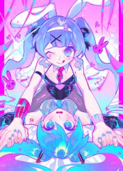 2girls blue_eyes bunny_ears bunny_girl bunnysuit cyan_eyes cyan_hair hatsune_miku heart heart_eyes iro0414 long_hair lying_down nails pink_eyes pink_hair purple_eyes purple_hair rabbit_hole_(vocaloid) twintails vocaloid