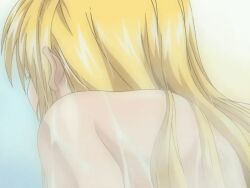 00s 1boy 1girls 2005 animated anime_screenshot bible_black bible_black_only blonde_hair covered_mouth female forced long_hair nude open_mouth purple_eyes rape restrained saeki_kaori showering surprised tagme wet wet_hair