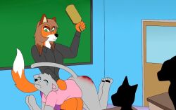 anthro ass being_watched black_clothing black_shirt black_topwear bodily_fluids brown_hair bruised bruised_butt butt_slap canid canine classroom classroom_desk classroom_nudity clothing corporal_punishment crying domestic_cat duo felid feline felis female female_spanking_female fox green_eyes hair humiliation judy_(maurispank) laying_on_lap looking_at_another mammal mature_female maurispank on_knee on_lap paddling public public_exposure public_humiliation punishment reddened_butt school shirt slap spank_marks spank_marks_on_ass spanked_butt spanking spanking_paddle student teacher teacher_and_student teacher_clothing teacher_on_student tears topwear welts
