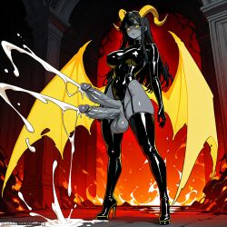 2penis ai_generated big_balls big_breasts big_cock big_penis black_hair cum cum_on_floor cum_puddle cumshot demon_wings diphallia diphallism futanari gloves glowing_eyes grey_skin heels hell huge_balls huge_breasts huge_cock large_balls large_breasts large_cock large_penis latex_clothing leotard meimeg multi_genitalia stockings succubus succubus_horns wings yellow_eyes yellow_horn yellow_horns yellow_wings
