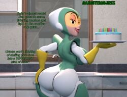 1girl 3d 3d_(artwork) back_view background bodysuit cake dexter's_laboratory dexter's_mom english_text female female_only gloves go_dexter_mom_go green_and_white hand_on_hip holding_object looking_at_viewer milf smile smiling smiling_at_viewer text thicc tight_bodysuit visor visor_glasses yellow_gloves