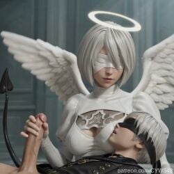 1boy 1girls 2b_(nier:automata) 9s 9s_(nier:automata) ai_generated angel angel_wings big_penis black_blindfold blindfold bob_cut breasts cyw548 demon demon_boy demon_tail female flapping_wings halo handjob head_on_breasts large_penis light-skinned_female light-skinned_male light_skin male nier:_automata nursing_handjob penis short_hair tagme video white_blindfold white_hair yorha_2b yorha_9s