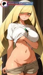 1girl 1girls 2026 ai_generated artist_name blonde_hair boobs breasts bust chest electroworld female female_only female_pubic_hair green_eyes hi_res high_quality high_resolution highres long_hair lusamine_(pokemon) navel parted_lips patreon patreon_username pokemon pubic_hair solo stable_diffusion sweat tits very_long_hair watermark