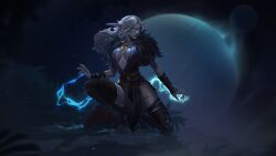 2d amionna artist_request bare_thighs cleavage clothed druid druid_(warcraft) elf elf_ears female glowing_eyes large_breasts moon night_elf pointed_ears thick_thighs white_hair world_of_warcraft