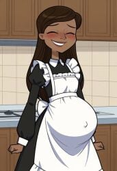 1girls ai_generated apron artist_request black_skin black_skinned_female blushing brown_hair closed_eyes clothed counter disventure_camp eyes_closed female female_only frilled_apron frills fully_clothed gabby_(disventure_camp) indoors kitchen long_hair long_sleeves maid maid_apron maid_outfit maid_uniform odd_nation_cartoons pregnant pregnant_belly pregnant_female self_upload smiling solo standing tile_wall