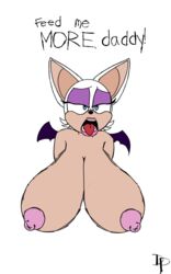 anthro bat big_breasts black_nose blue_eyes breasts dialogue distancedpsyche eyeshadow female fur furry furry_only lips lipstick makeup mammal nipples open_mouth rouge_the_bat sega simple_background sonic_(series) tongue tongue_out wings