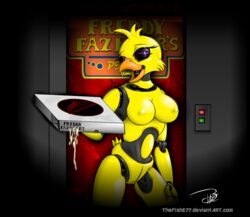 animatronic anthro areola avian bird breasts chica_(fnaf) chicken female five_nights_at_freddy's food looking_at_viewer machine mechanical nipples open_mouth pizza_box purple_eyes pussy robot signature smile solo teeth text thefishe77