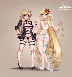 2girls animal_ears ass back blonde_hair breasts chii chobits clothing cross-laced_clothes flower hair_flower hair_ornament high_heels jacket kawaiibentobox large_breasts leg_garter long_hair looking_at_viewer multiple_girls navel nipples open_jacket open_toe_shoes original_character panties parted_lips pink_eyes sandals sideboob smile standing striped striped_panties tattoo text thigh_strap tied_hair topless tramp_stamp tsubasa_chronicle twintails underwear very_long_hair wedgie wristband yellow_eyes