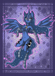 2015 alicorn anthro anthrofied armwear blue_eyes blue_feathers blue_fur blue_hair blue_nipples breasts cutie_mark equine female friendship_is_magic fur hair horn horse legwear long_hair mammal my_little_pony navel necklace nipples pony pose princess_luna_(mlp) pussy raptor007 smile socks solo teeth wings